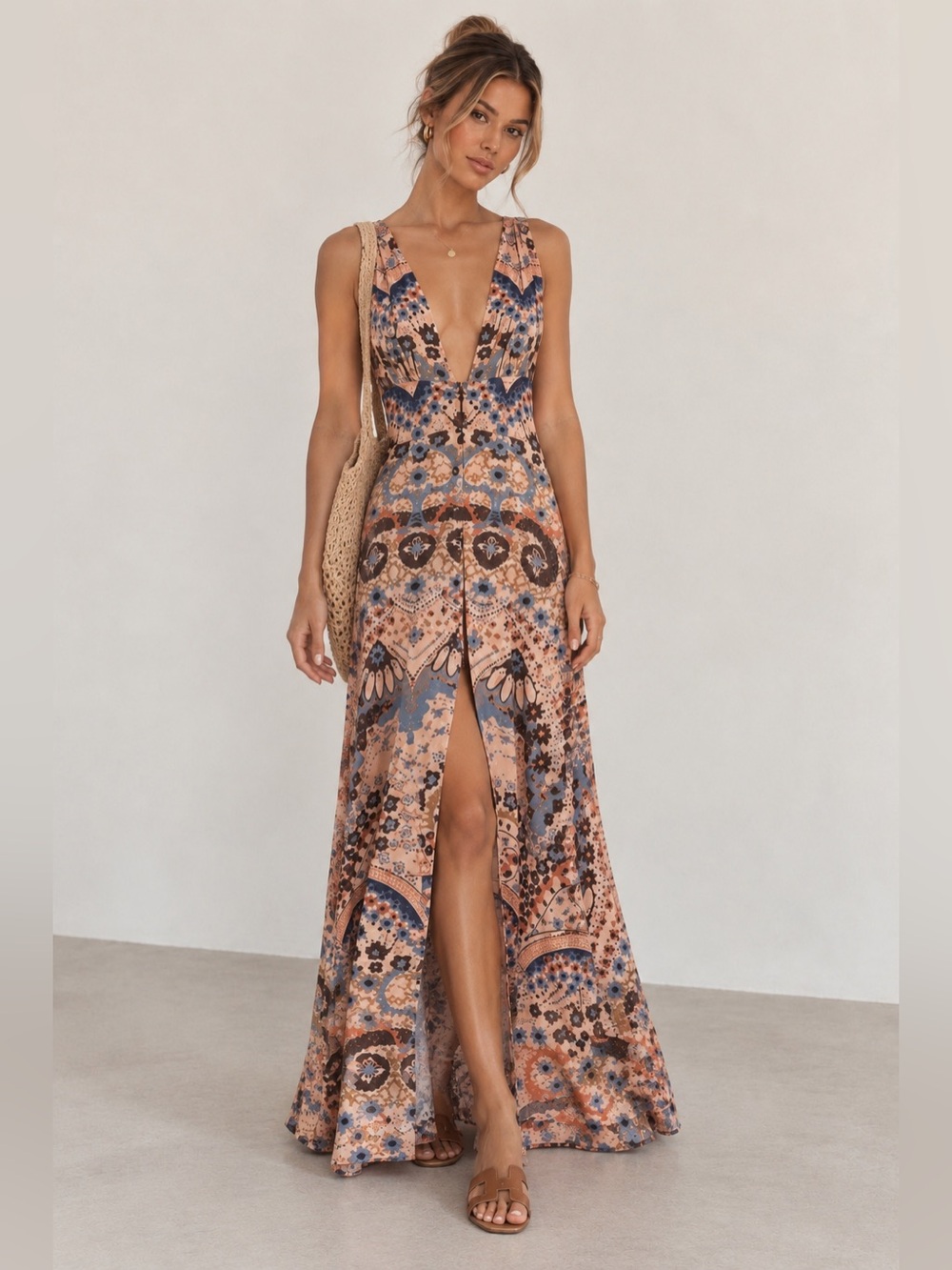 168$ Free People Deep V Boho Maxi Dress in Peach and Blue